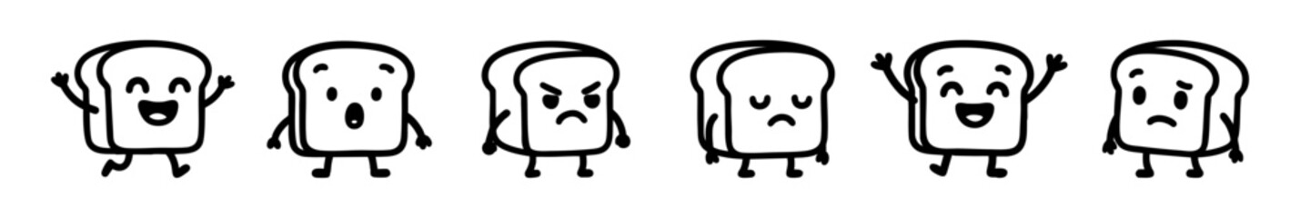 Six Cartoon Slices of Bread Expressing Different Emotions in a Row