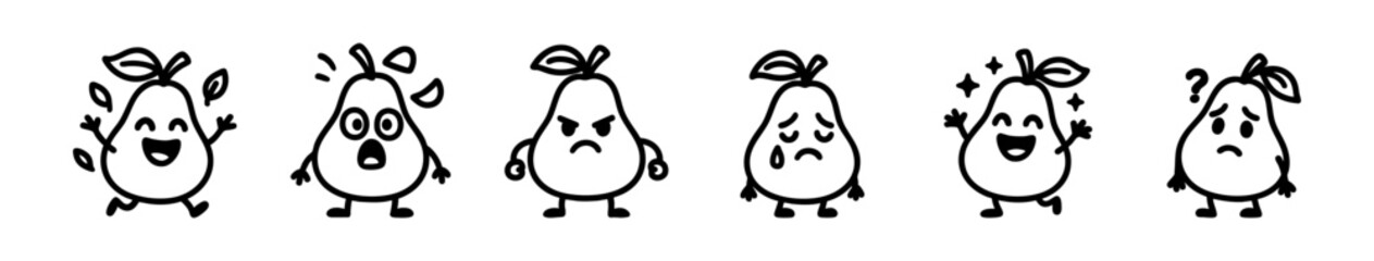 Collection of Animated Pears with Various Emotions in Black and White Style