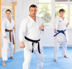 Fototapeta premium Group of athletic people in kimonos try new fighting techniques at karate lessons