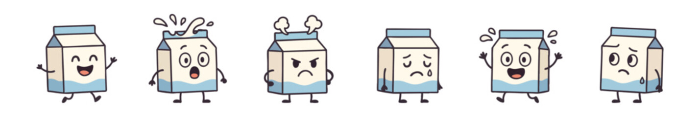 Milk Carton Character Set Expressing Different Emotions on White Background