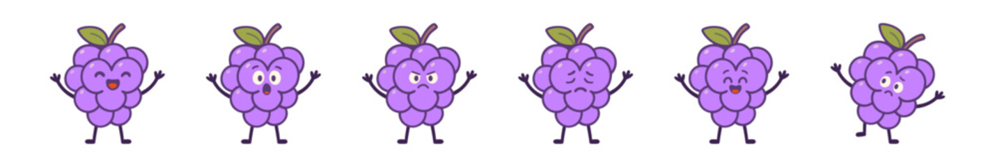 Set of Animated Grapes Exhibiting Various Emotions on White Background