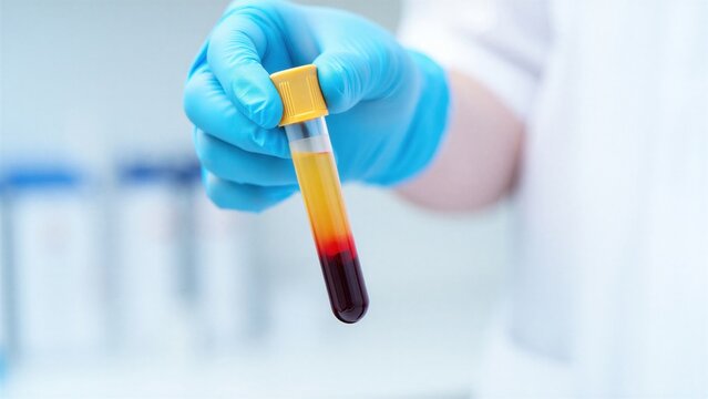 Gloved hand holding centrifuged blood tube, plasma separation for prp prf ppp cgf therapy, autologous plasma preparation in aesthetic medicine laboratory, injectable regenerative treatment