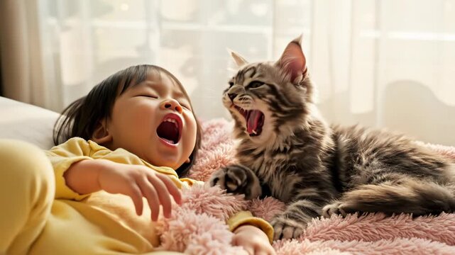 Sleepy moments of joy as a child naps peacefully with a furry friend in a sunlit room Generative AI