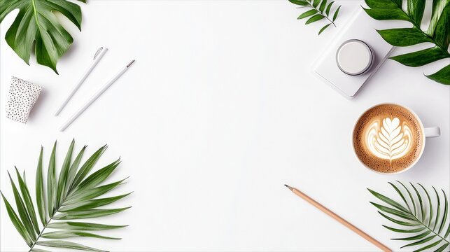 Overhead shot of a coffee cup with latte art, surrounded by green leaves, pens, and a notebook on a white surface. Flat lay composition.