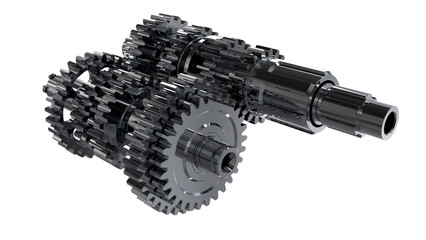 Compact assembly of interlocking dark gears in multi-stage configuration. Dense mechanical layout emphasizes torque modulation, transmission logic, and industrial engineering precision.