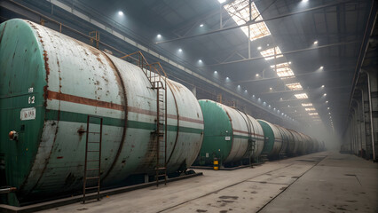 Fototapeta premium A row of massive industrial storage tanks—painted in weathered green and stark white vertical bands—stands in silent monumentality inside a vast,