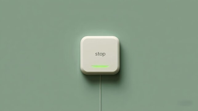 Minimalist stop button with green led light on a pastel background for technology design projects