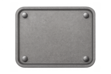 Metal plate with rounded corners and four rivets, an empty gray industrial background element on transparent