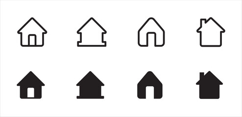 Home page icon set. Home button collection for website and apps. Website home button. Main menu page symbol. Flat solid and thin line design. Vector stock illustration.