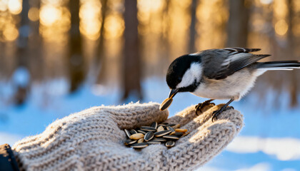 chickadee bird eating sunflower seeds from gloved hand in snowy forest during sunset
