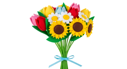 A Bouquet of Colorful Felt Flowers Including Tulips Sunflowers and Daisies Tied with a Blue Ribbon on a Black Background