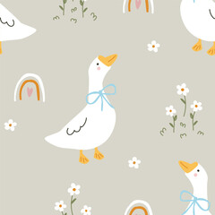 Seamless pattern with cute goose and rainbow. Vector illustration for printing. Cute baby background for girls.