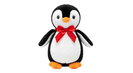 Obraz premium Adorable plush penguin toy wearing a red bow tie on a black background Keywords: penguin, plush toy, stuffed animal, black and white, red bow tie, cute
