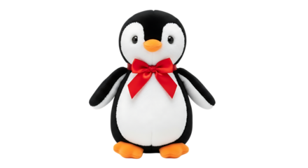 Adorable plush penguin toy wearing a red bow tie on a black background Keywords: penguin, plush toy, stuffed animal, black and white, red bow tie, cute