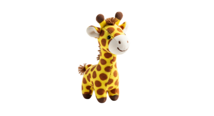 Adorable plush toy giraffe with brown spots and brown ears on a black background stuffed animal