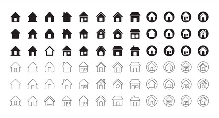 Home page icon set. Website home button. Main menu page symbol. Home button collection for website and apps. Flat solid and thin line design. Vector stock illustration.
