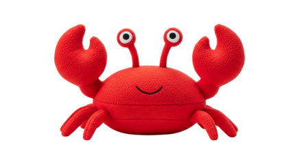 Cute plush red crab toy with big eyes and claws on a black background Keywords: crab, plush toy, stuffed animal, red crab, toy, cute, character, cartoon, sea