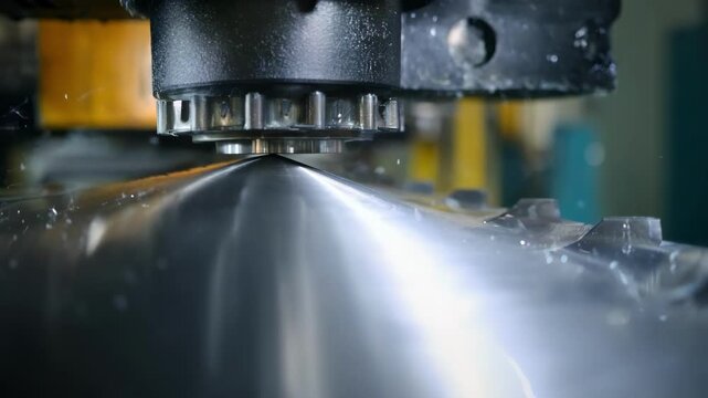 Medium shot of a metal sheet undergoing curved geometry stamping highlighting smooth transitions and flowing shapes being formed with precision tooling.
