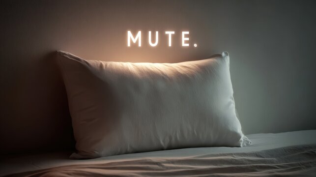 Cozy bedroom scene with illuminated mute sign above pillow for relaxation and serenity concept