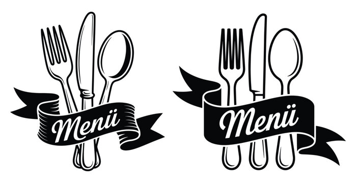 Logo restaurant meal menu fork, knife and spoons, Vintage hand drawn restaurant menu icons featuring cutlery tied with ribbon, Design elements for logo, label, emblem, sign, badge. Vector illustration