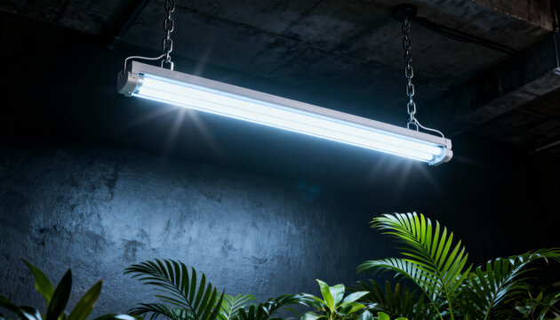 fluorescent tube light illuminating indoor urban jungle room with green plants and concrete walls