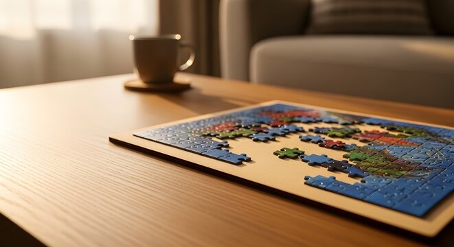Unfinished world map jigsaw puzzle on a cozy wooden coffee table in a sunlit living room representing a problem-solving concept - Powered by Adobe