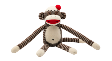 Sock Monkey Toy with Brown and White Stripes and a Red Pom- Pom on a Transparent Background