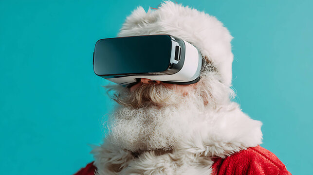 Advertising photo of Santa Claus wearing virtual reality headset
