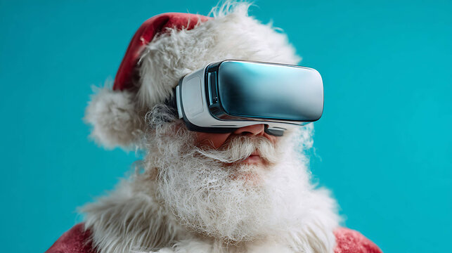 Advertising photo of Santa Claus wearing virtual reality headset