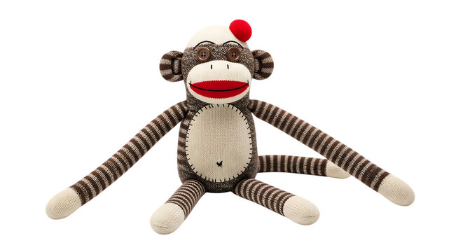 Sock Monkey Toy with Brown and White Stripes and a Red Pom- Pom on a Transparent Background