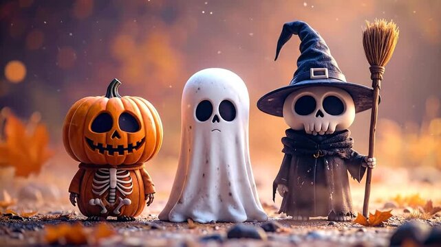 Halloween characters, including a skeleton witch, a ghost, and a jack-o'-lantern, stand together outdoors on an autumn day.