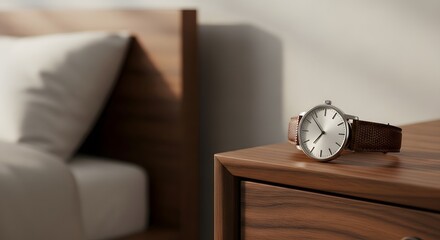 Minimalist elegant wristwatch placed on a wooden bedside table in a modern bedroom for morning routine concept and time management