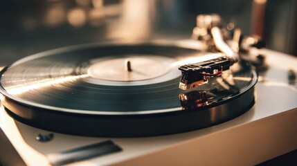 Classic vinyl record player with spinning turntable in warm ambient lighting