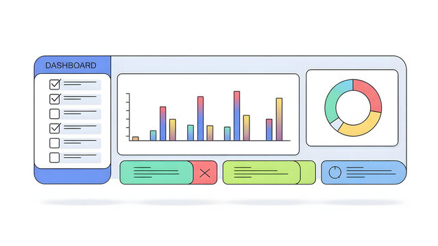 A colorful analytics dashboard interface featuring a task checklist, bar chart visualization, donut chart, and interactive UI elements. The design uses soft gradients, clean outlines, and rounded modu