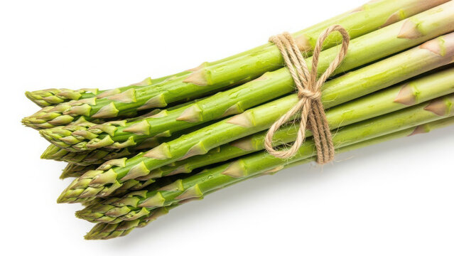 Fresh green asparagus tied with twine on white background
