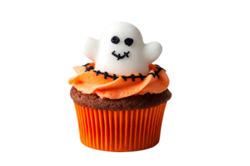 A delicious Halloween-themed chocolate cupcake with orange frosting and a cute ghost decoration.
