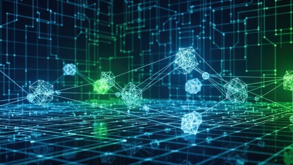 Algorithmic wireframe cyber security data points network elements display lines matrix backdrop