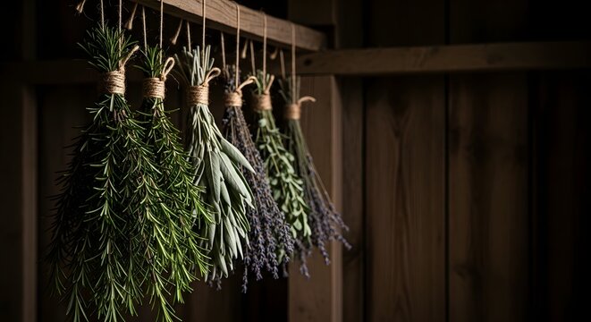 Fresh bundles of rosemary, sage, and lavender herbs hanging to dry in a rustic wooden shed for natural wellness concept and traditional herbal preparation