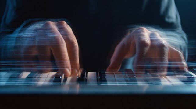 Dynamic performance of hands on piano keys capturing motion and music concept - Powered by Adobe