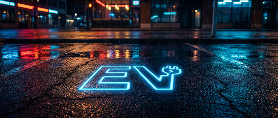 neon ev sign glowing on wet street at night in urban cityscape with reflections and bright lights