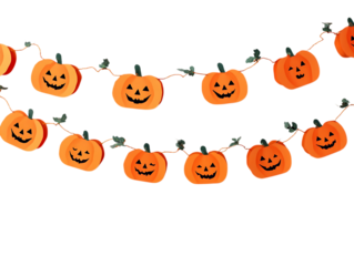 A festive Halloween garland with cute, smiling jack-o'-lantern pumpkins hanging on a string, isolated on a white background.