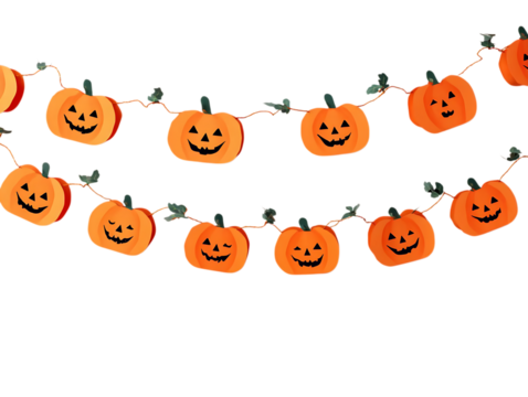 A festive Halloween garland with cute, smiling jack-o'-lantern pumpkins hanging on a string, isolated on a white background.