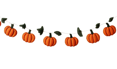 A handcrafted felt pumpkin and leaf garland strung on a white string, perfect for autumn or Halloween decoration.