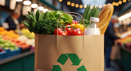 recycled paper bag filled with fresh groceries in vibrant farmers market setting