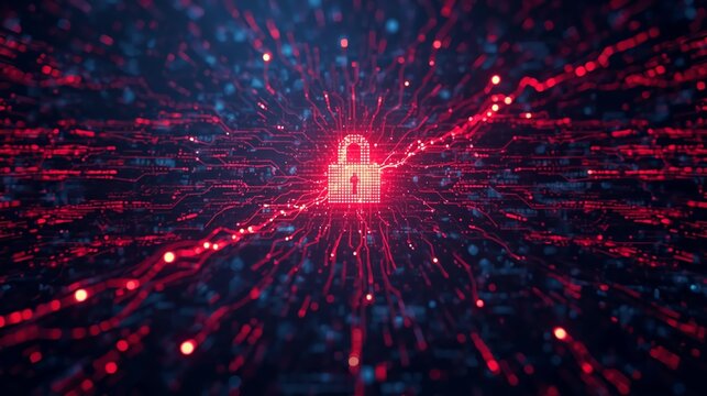 Secure cyber network protection with glowing red padlock on abstract circuit board background, safeguarding digital data from online threats and vulnerabilities