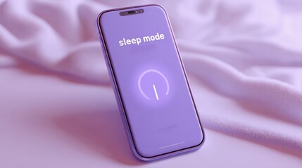 Purple smartphone sleep mode display with soft bed linen background for relaxation concept