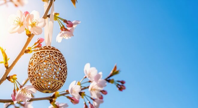 intricately carved wooden easter egg hanging on cherry blossom branch under blue sky