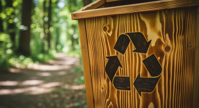 wooden recycling bin along a forest trail promoting sustainable environmental practices