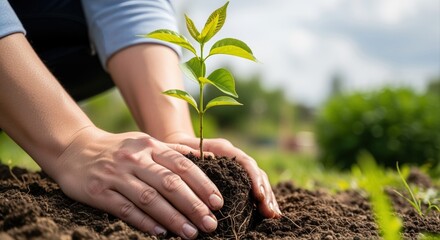 hands planting young green sapling in fertile soil under sunny sky in spring garden