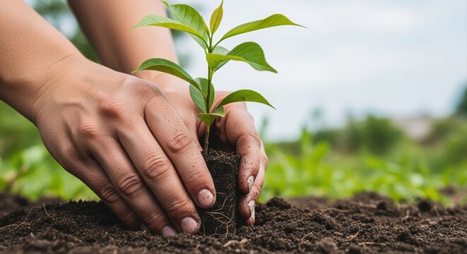 hands planting young seedling in rich soil on a bright day symbolizing growth and sustainability